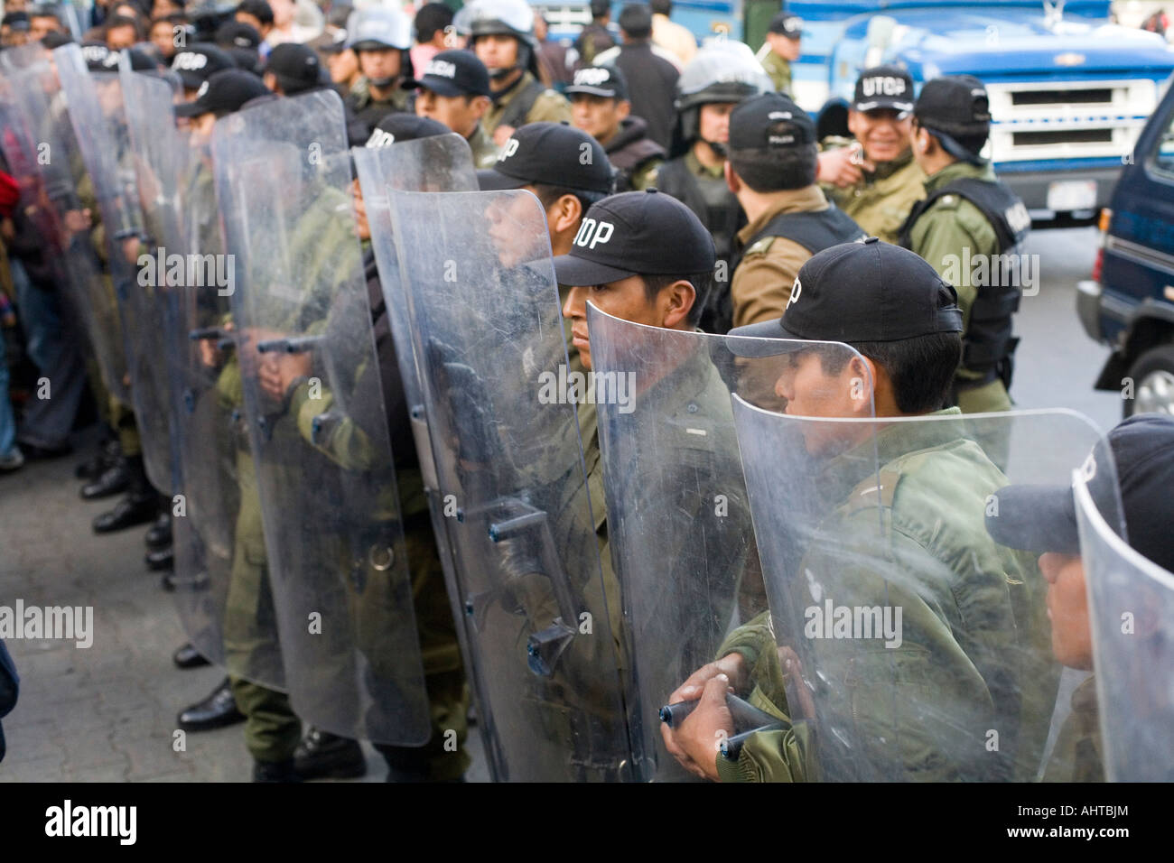 Bereitschaftspolizei in La Paz nach einer demonstration Stockfoto