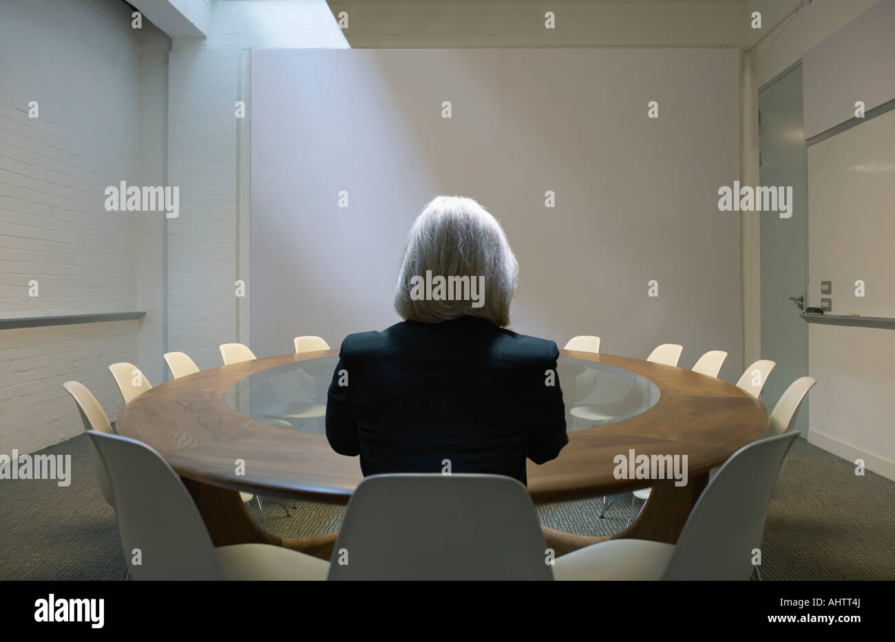 Frau sitzend im Sitzungssaal von hinten Stockfoto