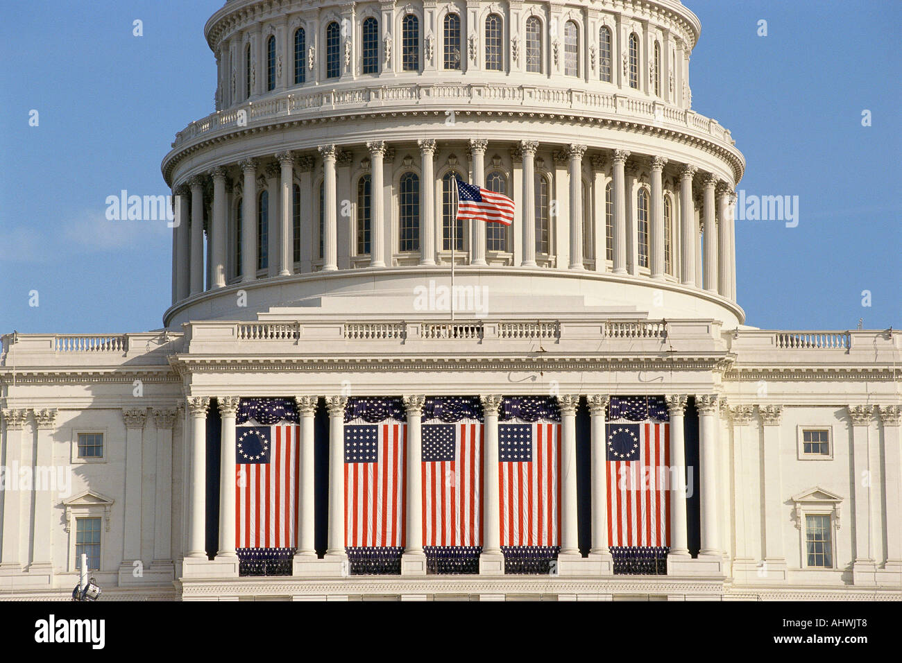 Capital Building drapiert mit uns Flaggen Washington DC Stockfoto
