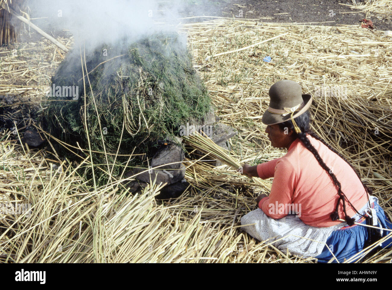 Bolivien - Bauer in ihrem Feld in der Nähe von La Paz Kochen Stockfoto