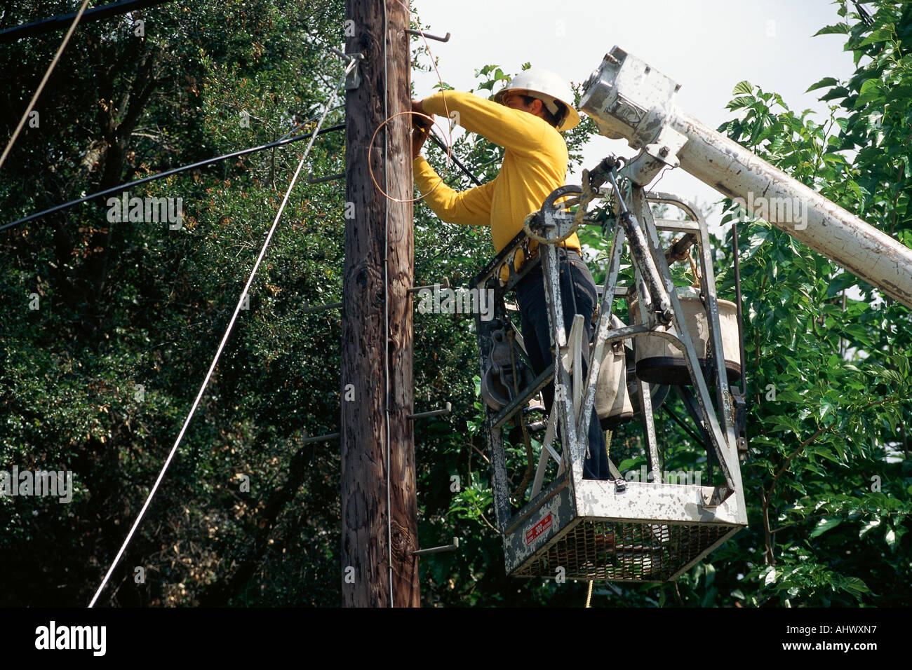 Lineman arbeiten am Kabel Stockfoto