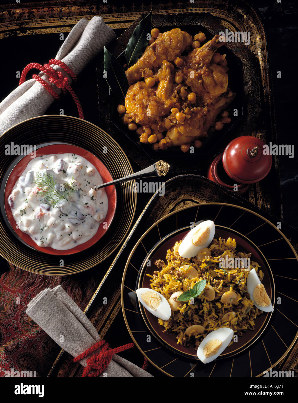 Orientalische Rezepte Hühnereier Curry und Reis Stockfoto