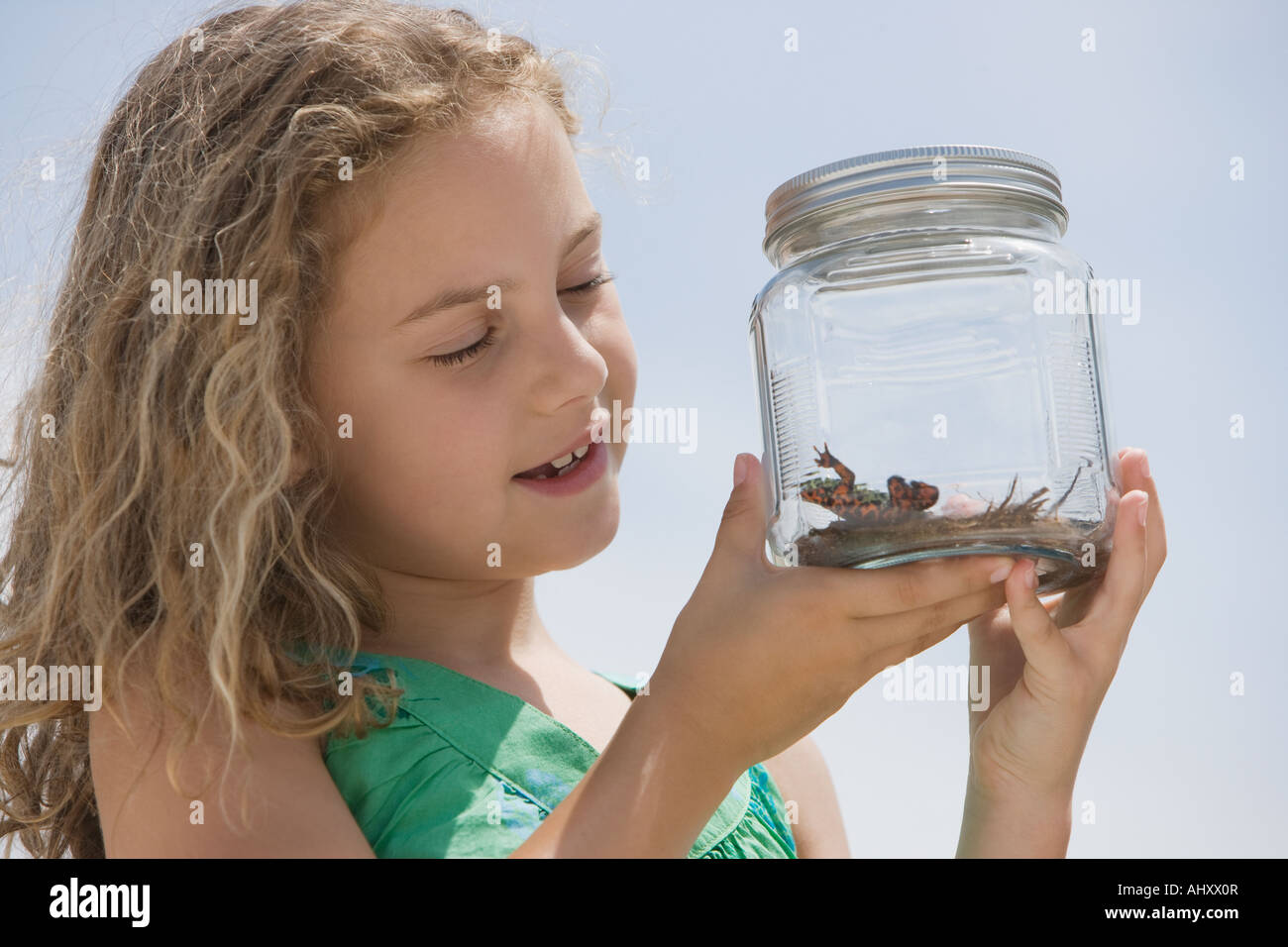 Mädchen auf der Suche bei Reptilien in Glas Stockfoto