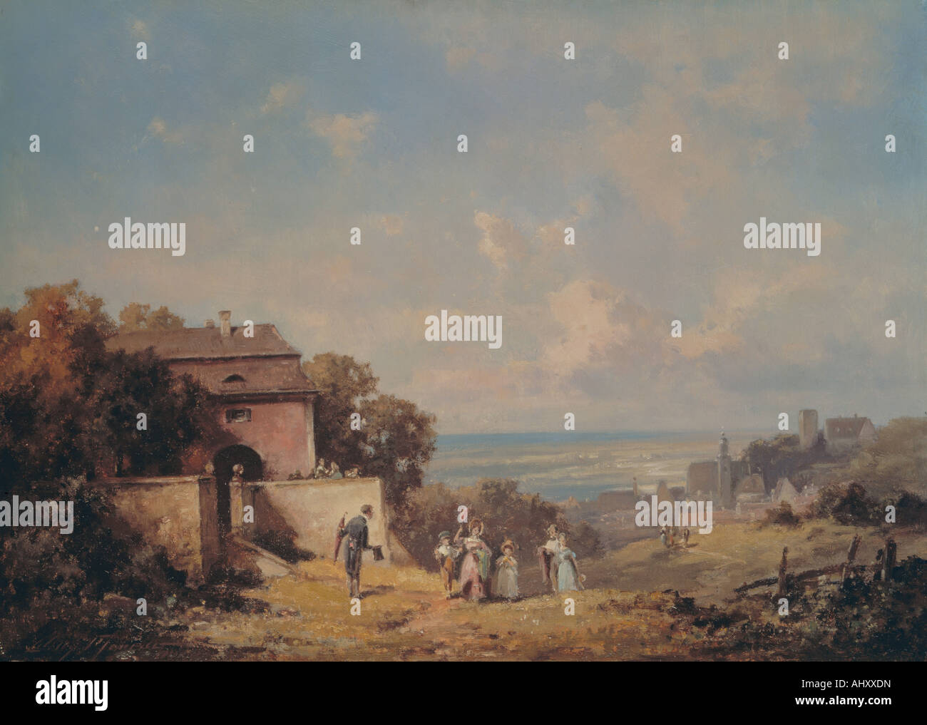 "Fine Arts, Moralt, Ludwig (1815 – 1888): Malerei,"Walk","Spaziergang", Deutsch, Ausflug, Landschaft, Deutschland, Dorf, Famil Stockfoto