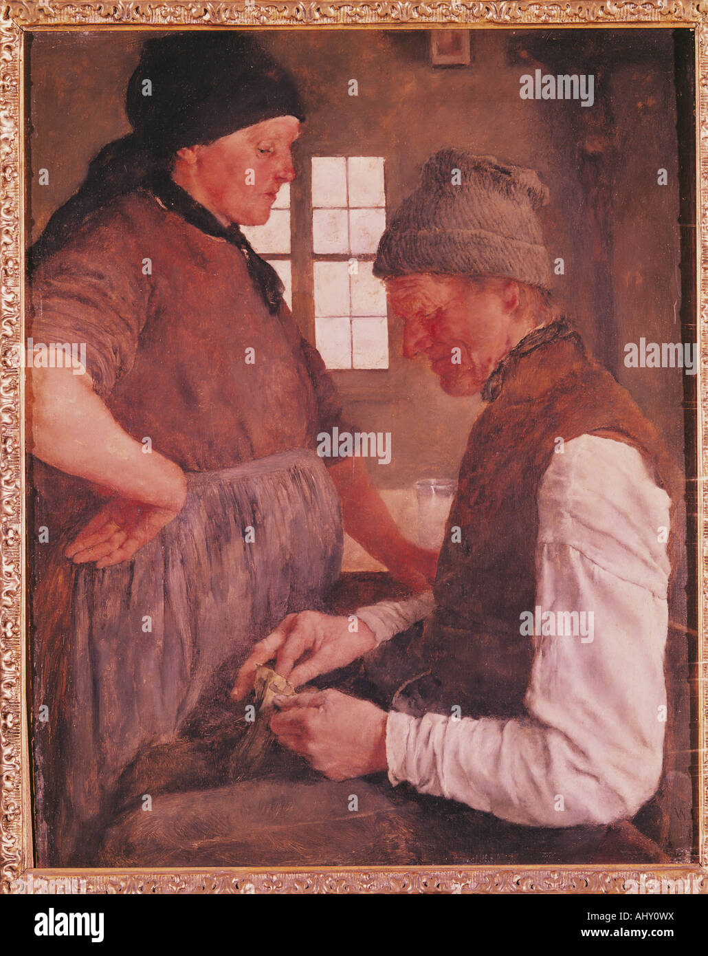 "Bildende Kunst, Leibl, Wilhelm (1844-1900), Malerei,"Der Spargroschen"("kleine speichern"), 1879, Öl auf Platte, 39,5 cm X 32 Stockfoto