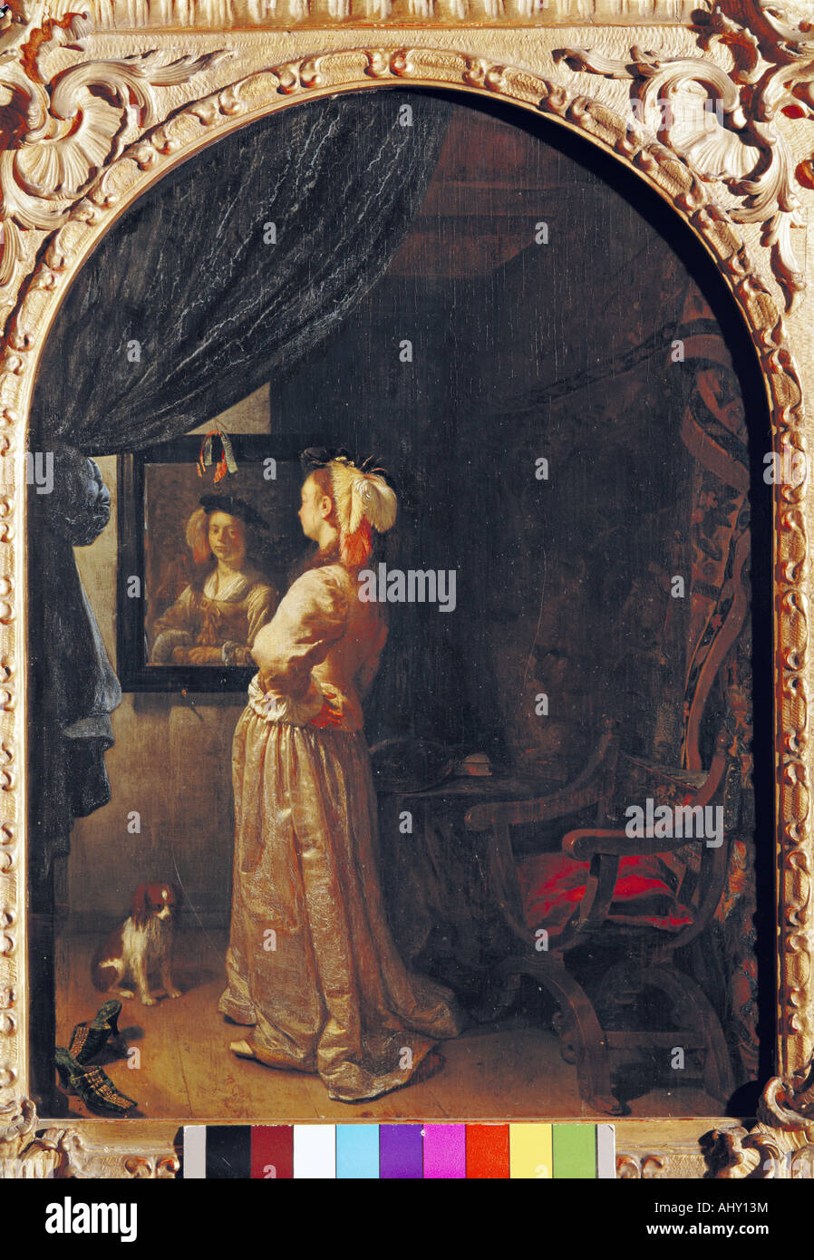 "Fine Arts, Mieris, Frans van (1635-1681), Malerei,"Dame vor dem Spiegel", Öl auf Eiche Panel, Alte Pinakothek, München Stockfoto