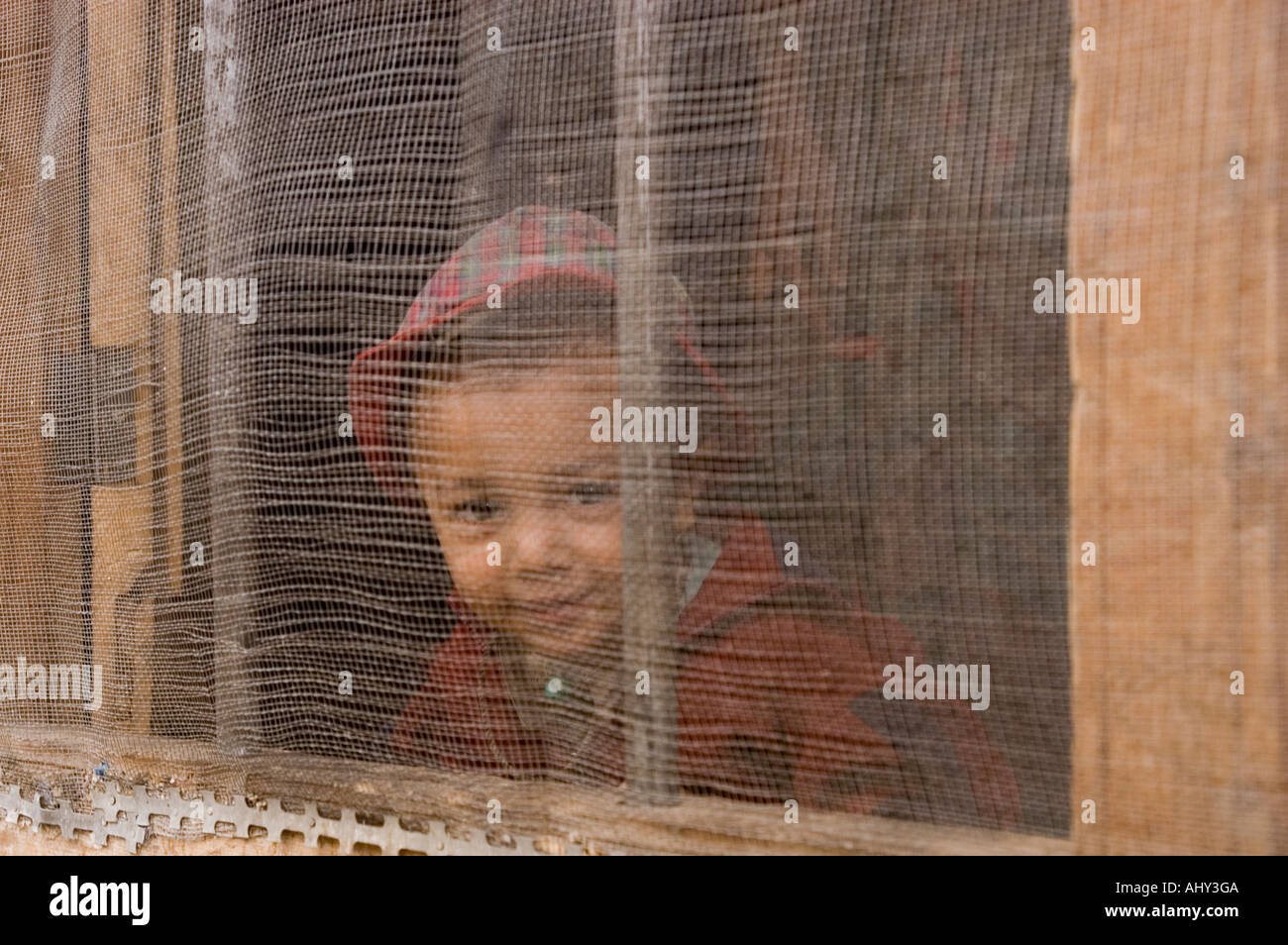 Kleiner Junge Blick in die Kamera vom Fenster aus Dard oder Drogpa arischen Stamm aus Dha Hanu Dorf in Ladakh Indien Stockfoto