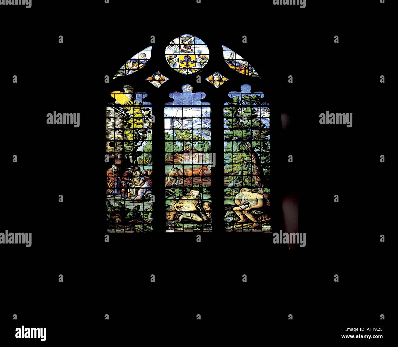 Glasfenster von Abraham Van Linge von Adam und Eva beklagt ihr Schicksal im University College Oxford Chapel Stockfoto