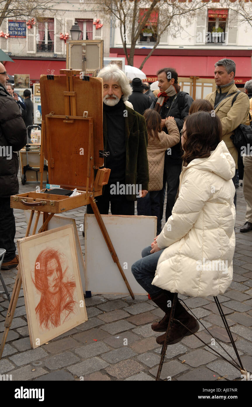 Künstler bei der Arbeit in Montmartre Paris Stockfoto