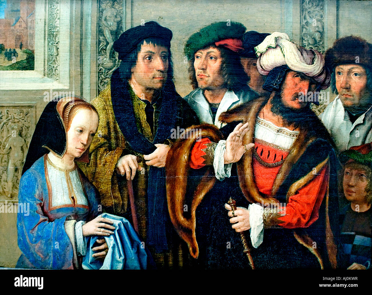 Lucas van Leyden 1489 1494 Potiphars Frau zeigt Joseph s Kleidungsstück Niederlande Stockfoto