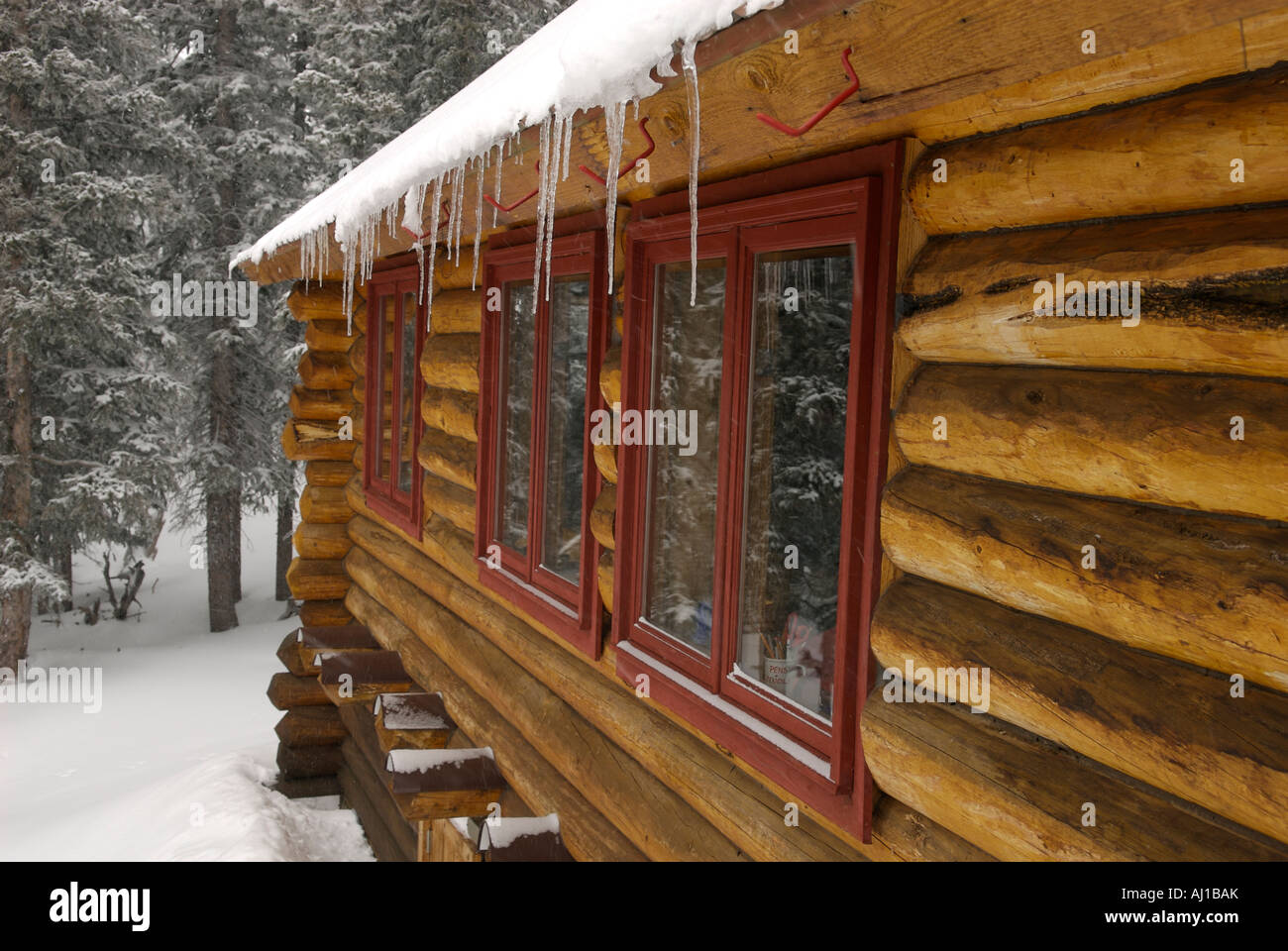 Eiszapfen auf dem Schnee bedeckt außen von einem Blockhaus Peter Estin Skihütte 10. Mountain Division Hütte System, CO, USA Stockfoto