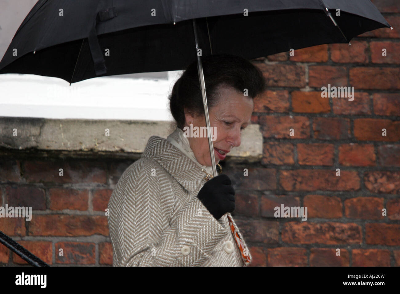 Ihre Königliche Hoheit Prinzessin Anne, Prinzessin Royal Unterstände unter einem Regenschirm in Poole am 10.09.2007 Stockfoto