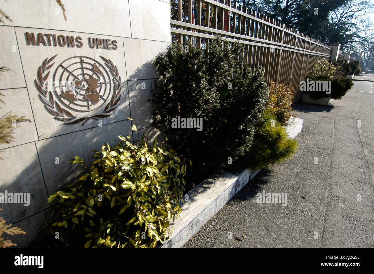 Palais des Nationen-UN-Hauptquartier Gebäudeeingang Genf Schweiz Nano Calvo VWPics com Stockfoto