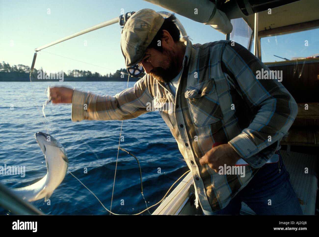 USA Alaska Dan Neal Langleinen Fische für Lachs entlang der Inside Passage in der Nähe von Stadt Hoonah Stockfoto