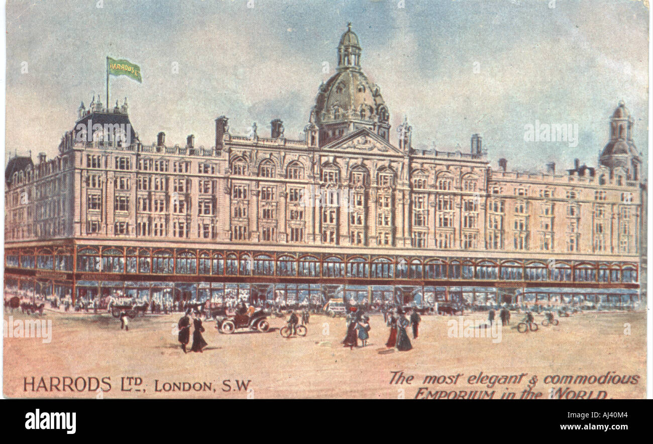 Werbung-Ansichtskarte für Kaufhaus Harrods, London, ca. 1906 Stockfoto