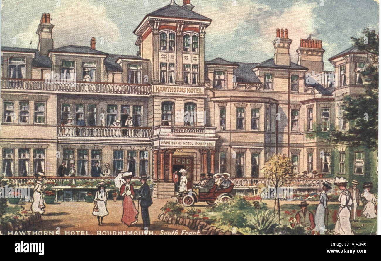Werbung Ansichtskarte für Hawthorns Hotel, Bournemouth, vom Künstler "Jotter" ca. 1906 Stockfoto