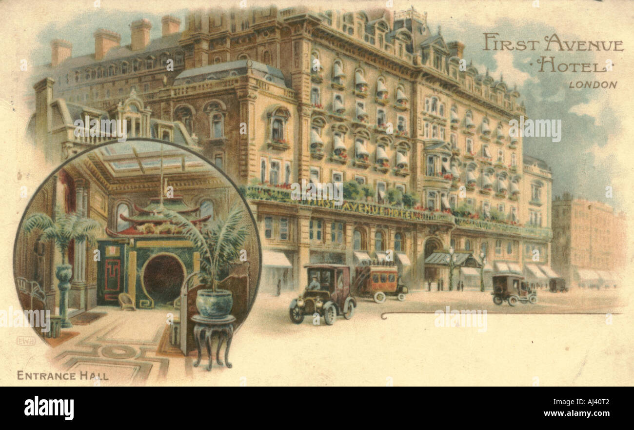 Chromolithographed Werbe Postkarte für First Avenue Hotel, London postalisch verwendet 1911 Stockfoto