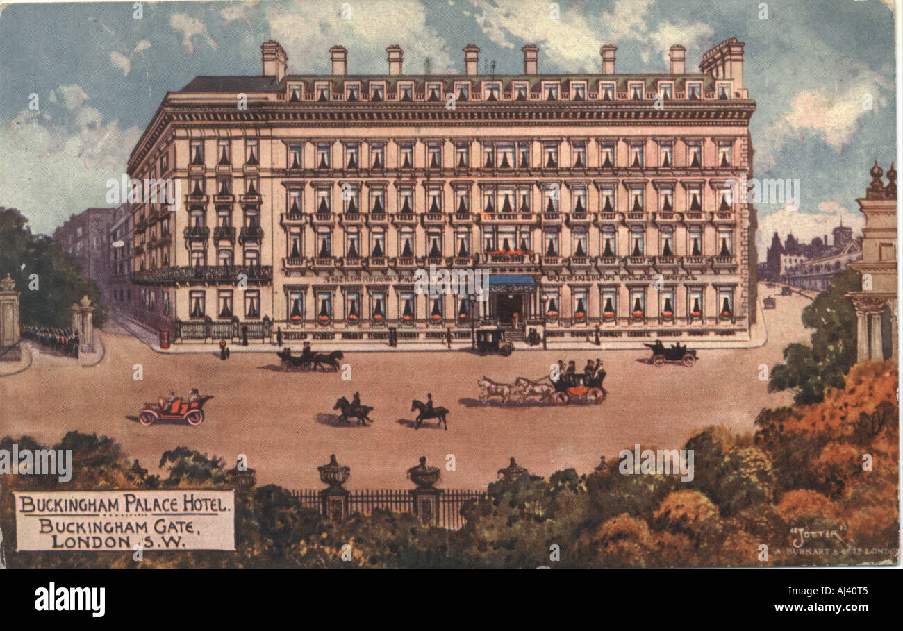 Werbe Postkarte für Buckingham Palace Hotel, London, ca. 1907 vom Künstler "Jotter" Stockfoto