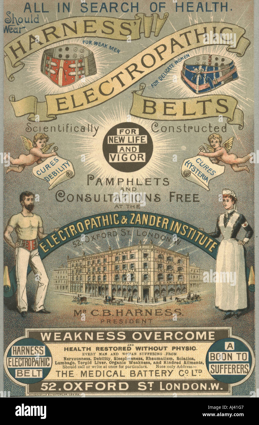 Chromolithographed Werbeeinsatz ca. 1880 für Harness' Elektropathische Bänder für Schwache Männer und für empfindliche Frauen Stockfoto