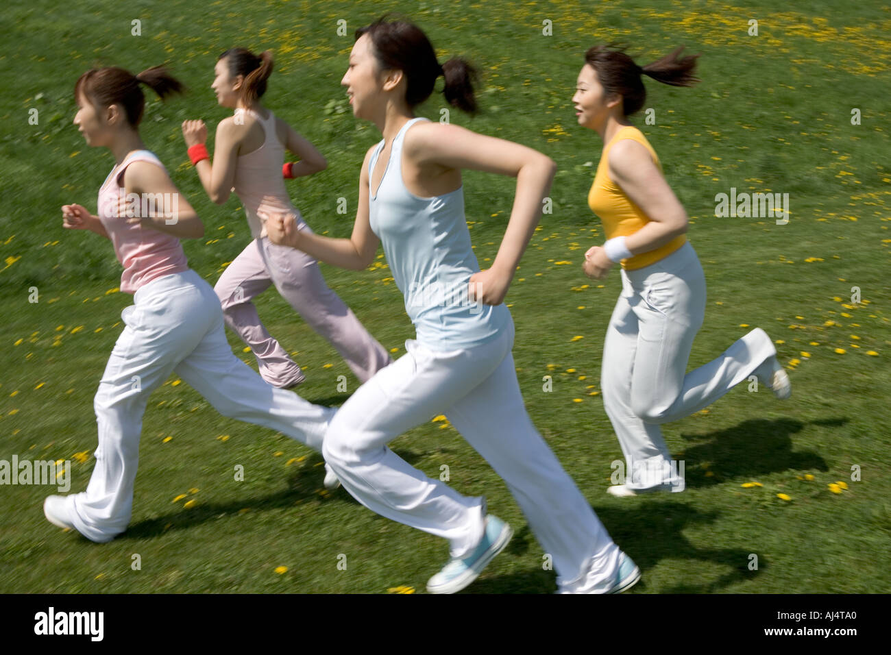 Vier junge Frau, die in Feld Stockfoto