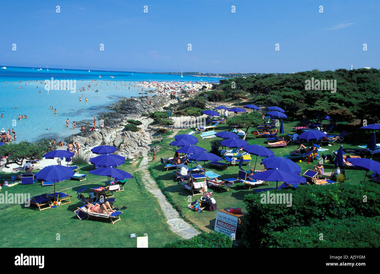 Blick über den Strand Spiaggia della Pelosa La Torre Pelosa im Hintergrund La Nurra Stintino Sardinien Italien Stockfoto