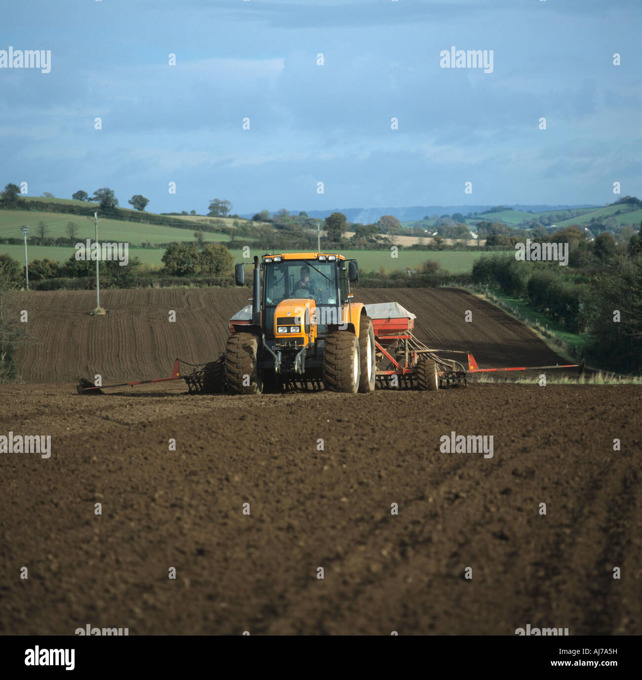 Renault Traktor mit Accord Ferrag Samen Bohren Bohren Herbst Getreide Devon Stockfoto