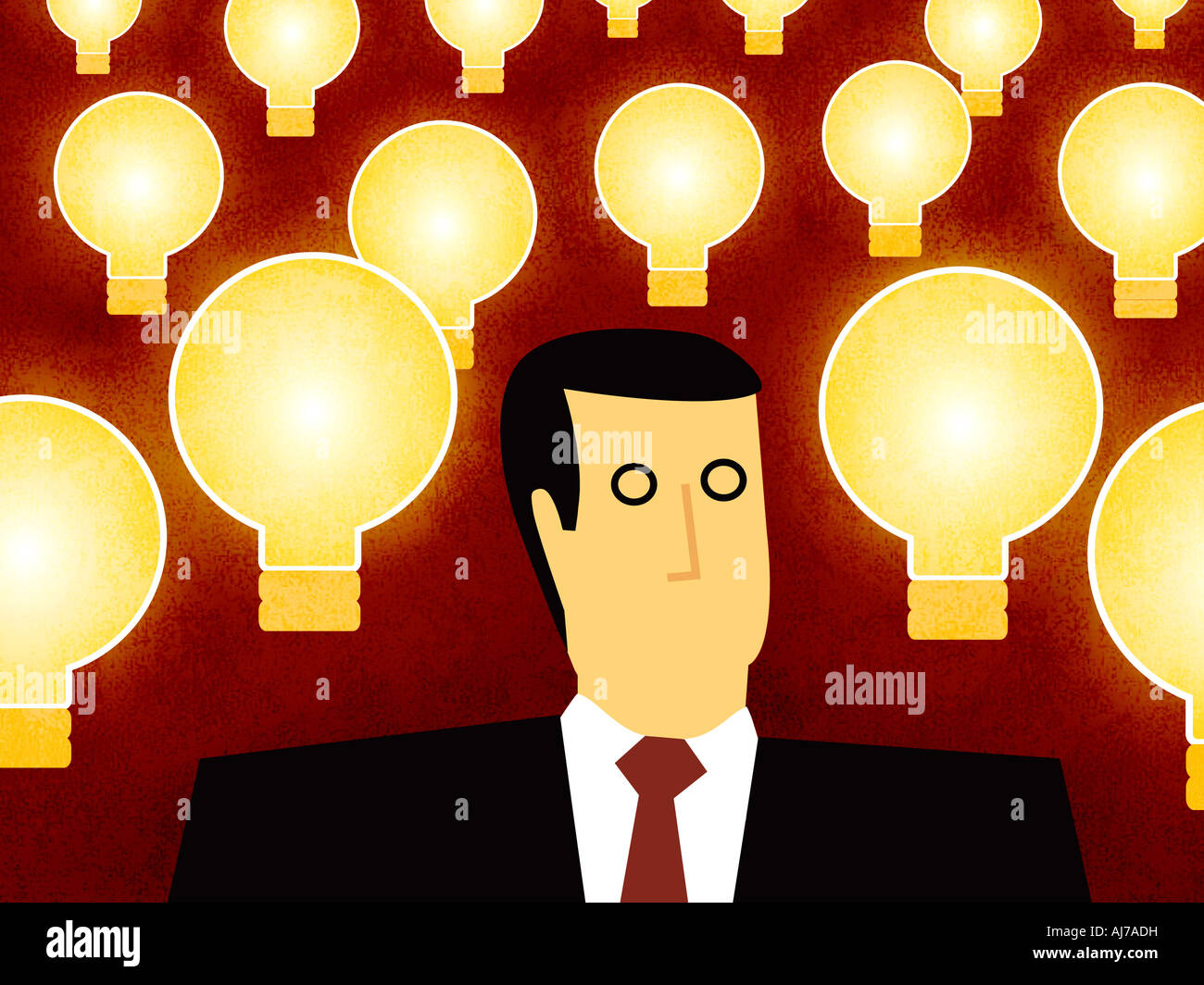 Business-Mann mit Ideen - Mann mit Glühbirne Stockfoto