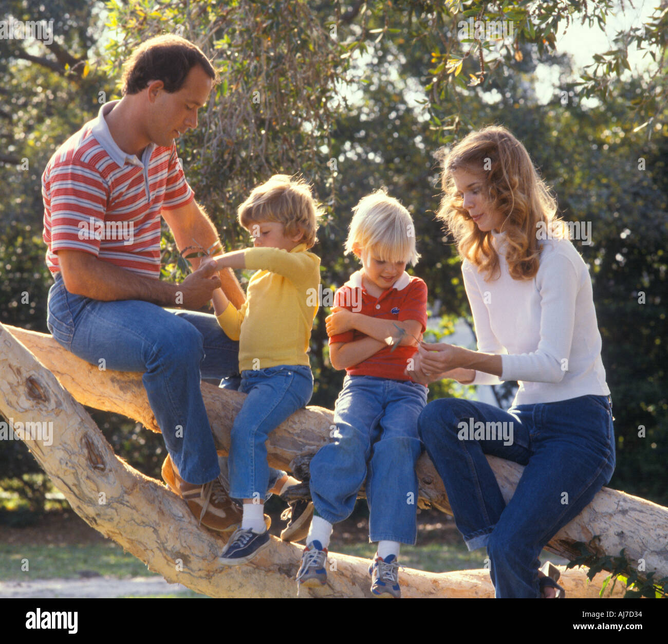 vierköpfige Familie Entspannung in Baum Stockfoto