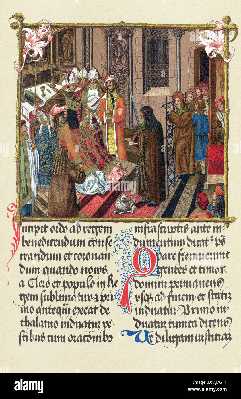 Krönung von König Alexander I in Polen durch den Erzbischof von Gnesen, Krakau, 1501. Artist: Unbekannt Stockfoto