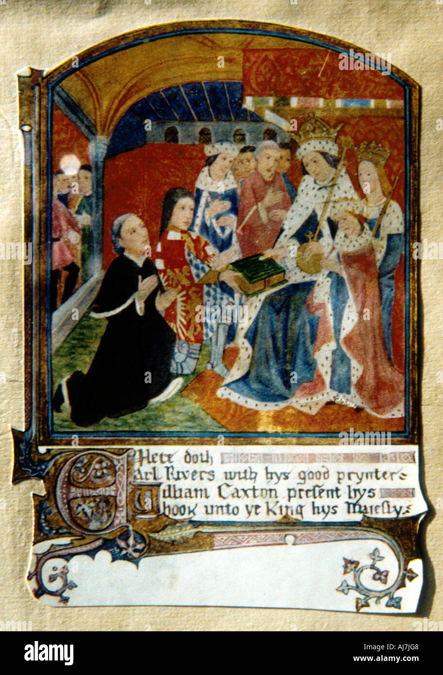 William Caxton, Englisch Drucker, präsentiert ein Buch, das King Edward IV., 1477. Artist: Unbekannt Stockfoto