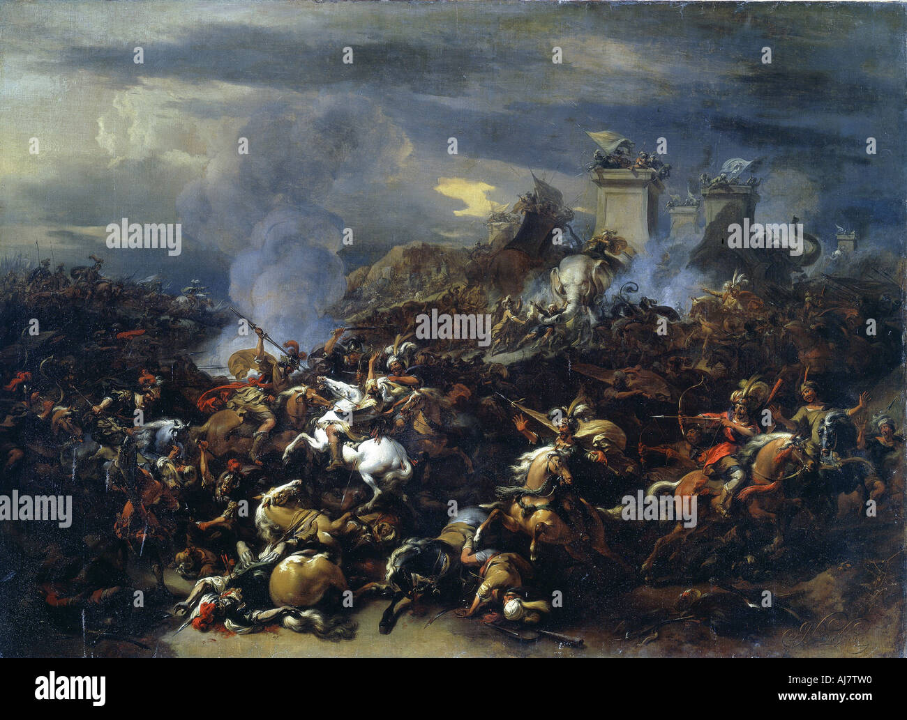 "Schlacht zwischen Alexander und Poros', 326 v. Chr., (Mitte bis Ende 17. Jahrhundert). Artist: Nicolaes Berchem Stockfoto