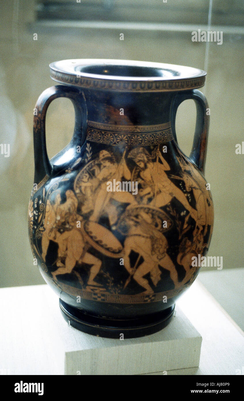 Griechische Vase dekoriert mit Figuren von Krieger kämpfen. Artist: Unbekannt Stockfoto