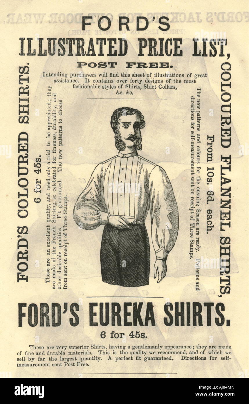 Preisliste für Herrenhemden um 1870 Stockfoto