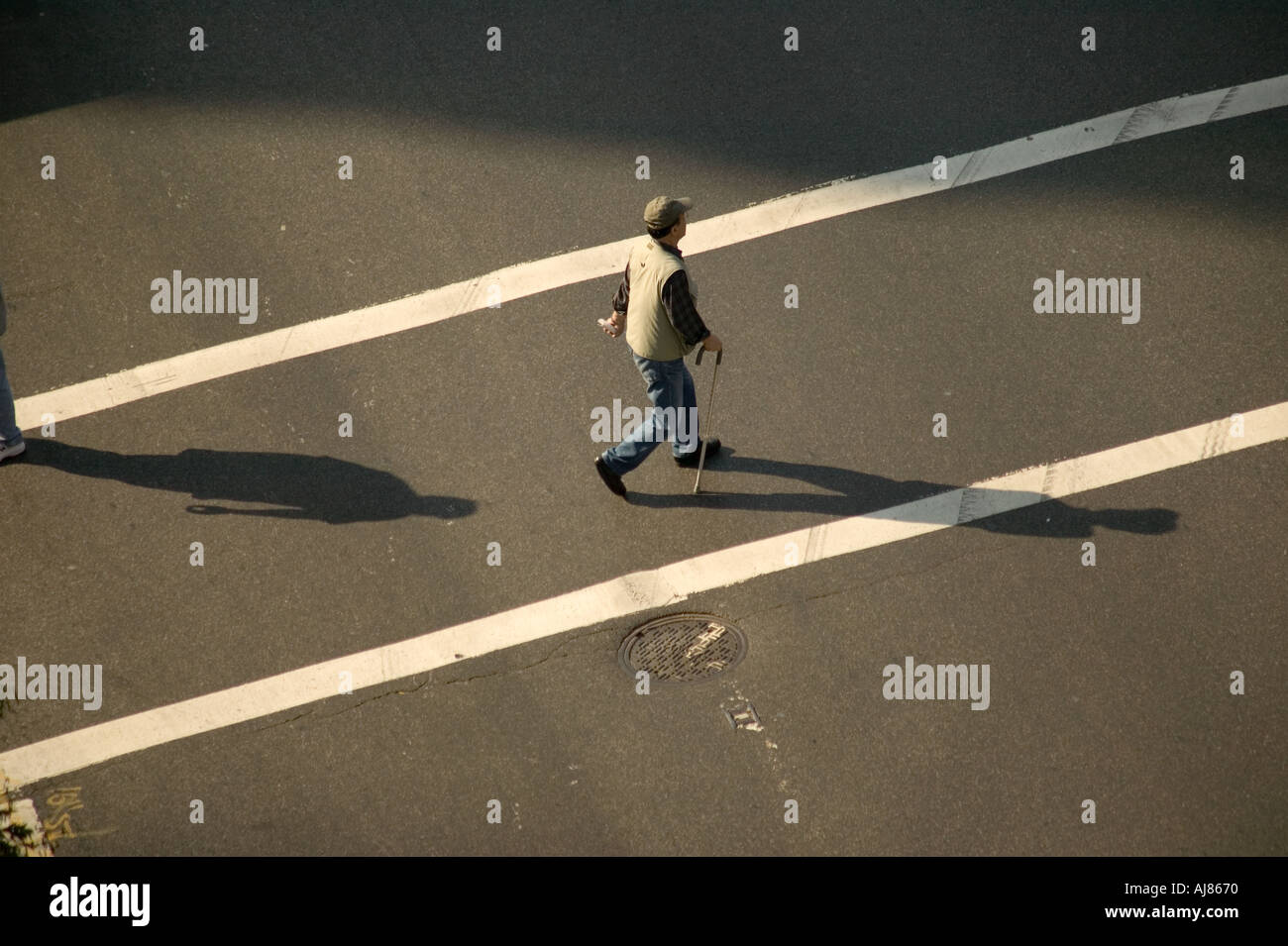Mann zu Fuß mit Zuckerrohr Kreuzung Straße innerhalb der Linien der Zebrastreifen Stockfoto