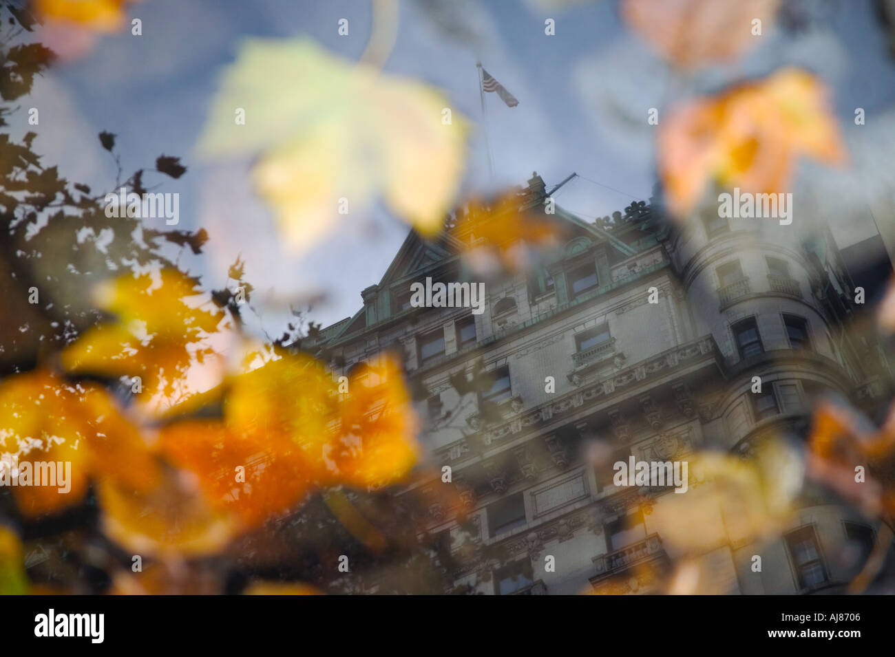 Plaza Hotel Reflexion und Herbstlaub in Wasserbecken im Central Park New York NY Stockfoto