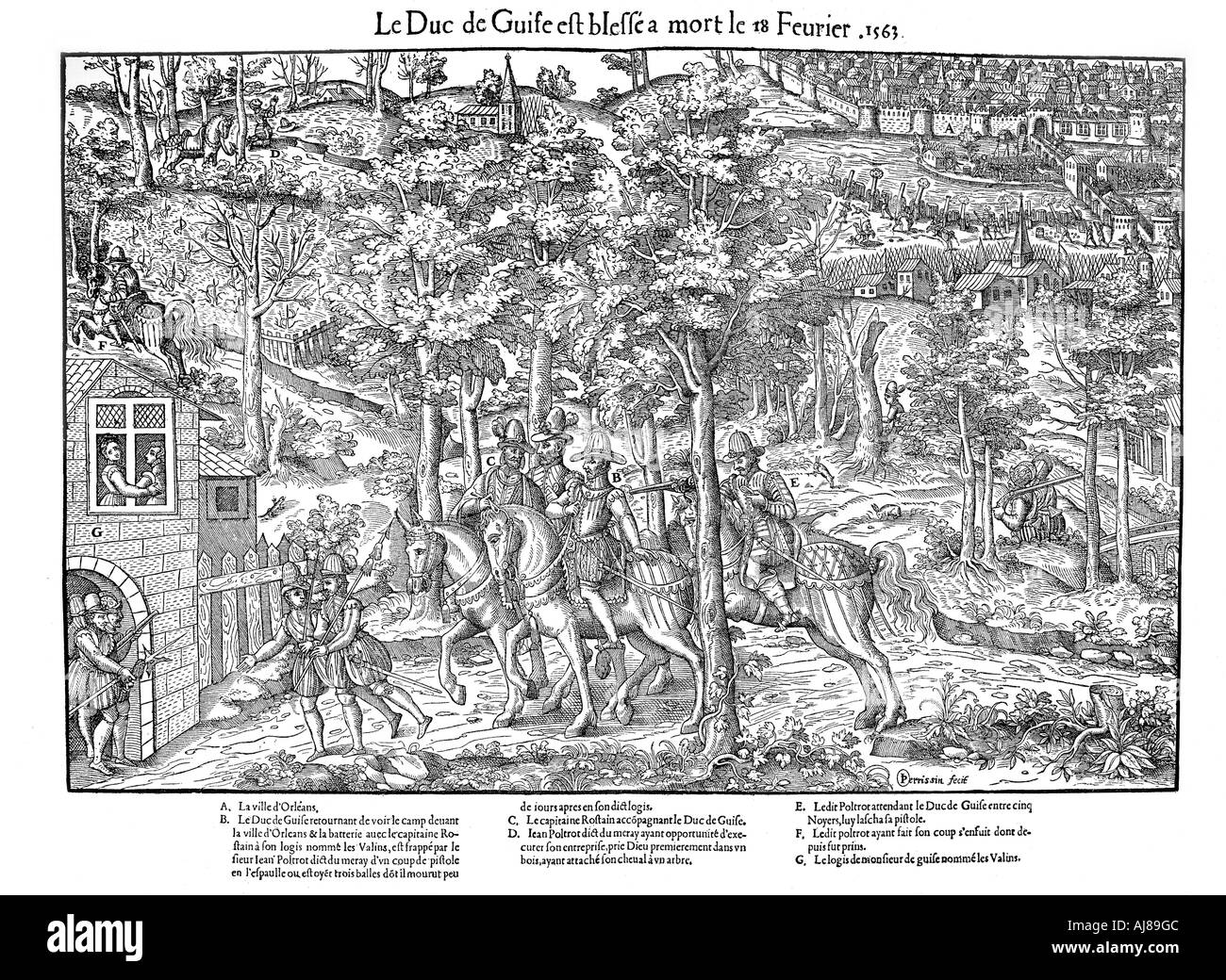 Ermordung von François de Lorraine, Duc de Guise, Französischen Religionskriege, 18. Februar 1563 (1570). Künstler: Jean Jacques Perrissin Stockfoto