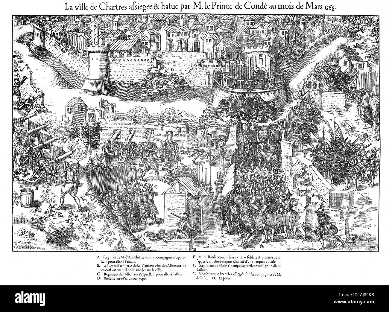 Belagerung von Chartres, Französischen Religionskriege, 1568 (1570). Artist: Jacques Tortorel Stockfoto