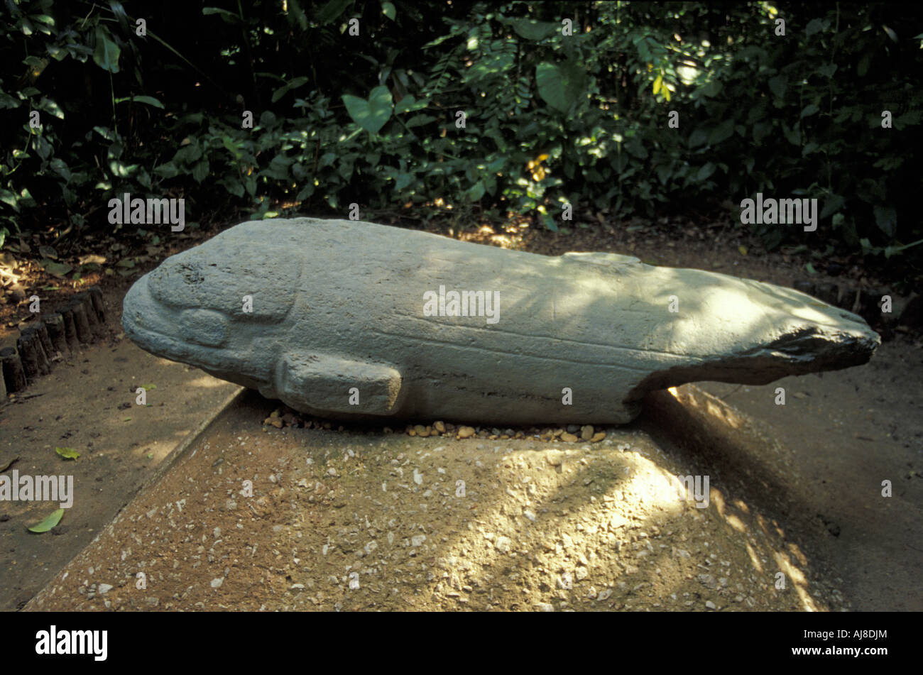 El Delfin oder The Dolphin olmekische Skulptur, Parque Museo La Venta archäologischer Parkmuseum, Villahermosa, Tabasco, Mexiko Stockfoto