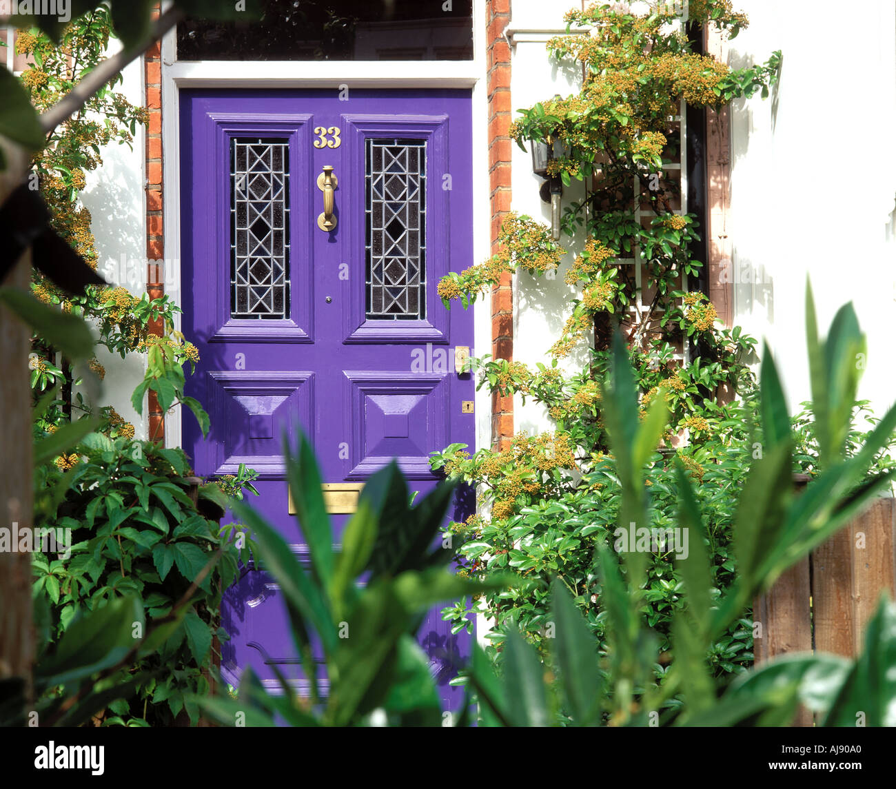 Violette Tür Detail der Inhaber eines stolzen Gartenhaus Stockfoto