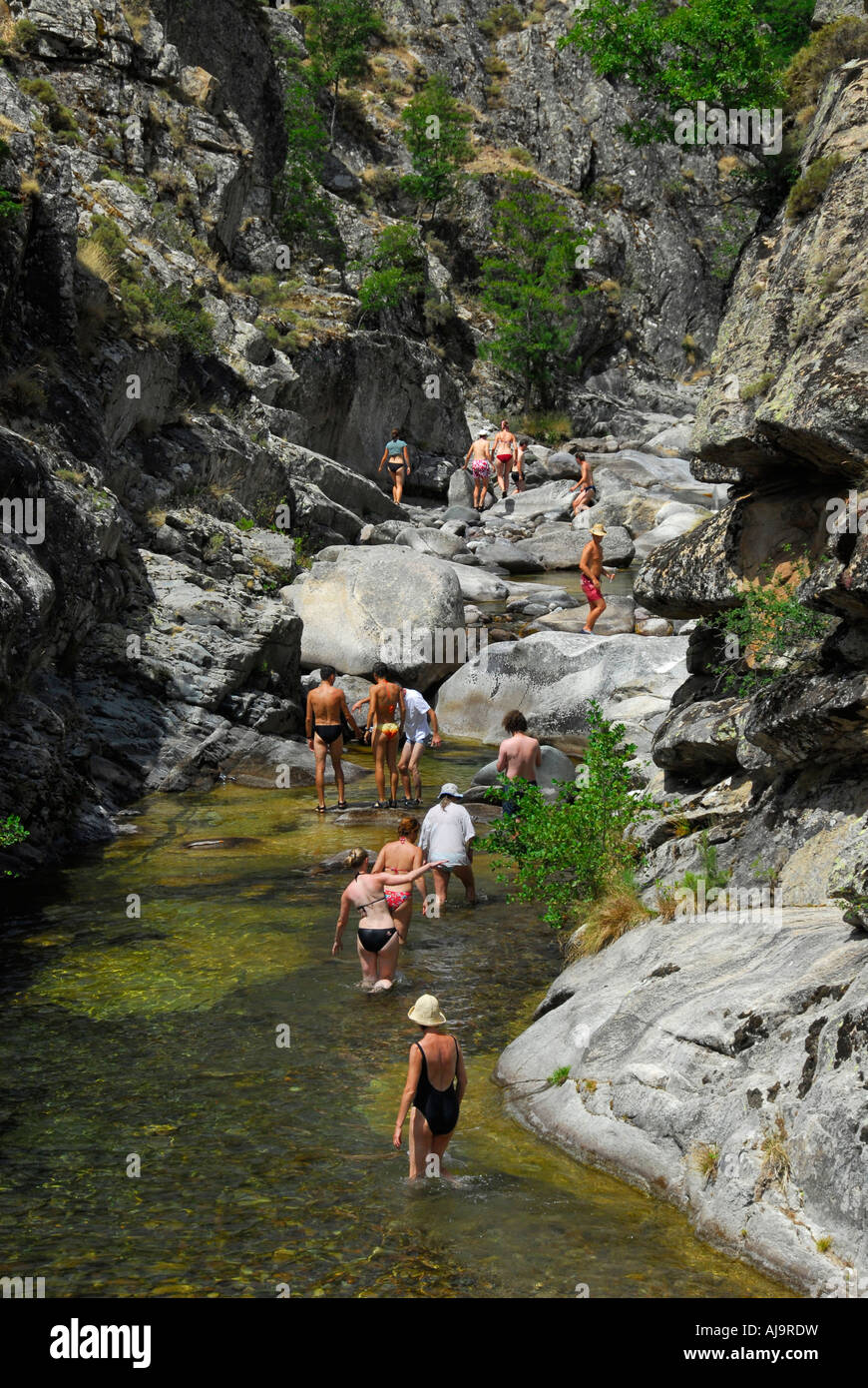 Reisegruppe Spaß im Fluss Golo, Korsika, Frankreich Stockfoto
