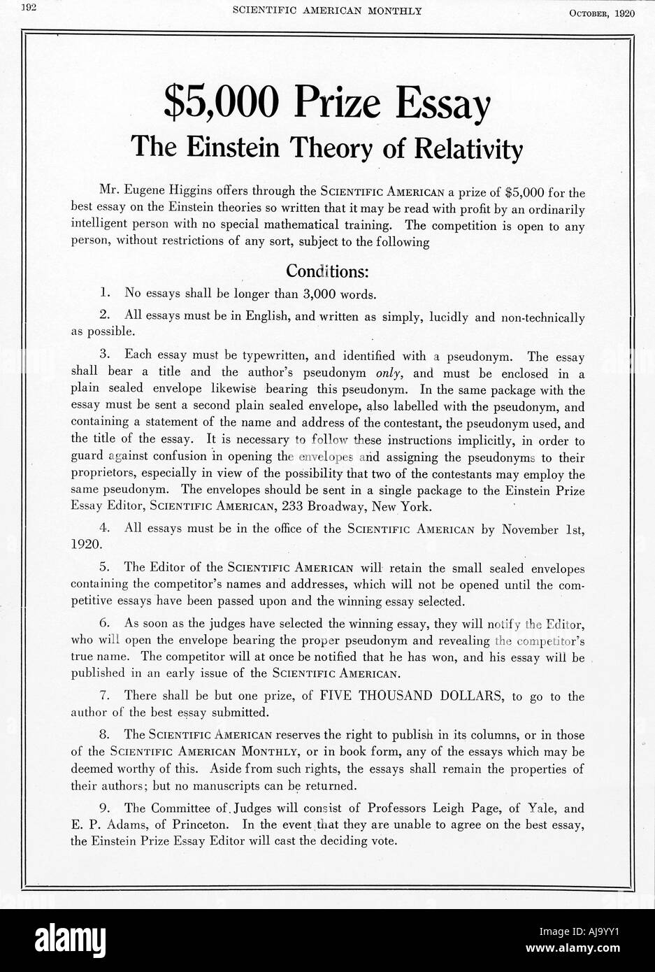 Preis angeboten in Scientific American, Oktober 1920, für ein Essay über Einsteins Relativitätstheorie. Artist: Unbekannt Stockfoto