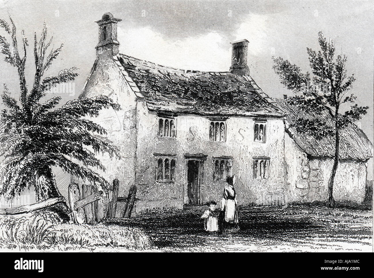 Woolsthorpe Manor, in der Nähe von Grantham, Lincolnshire, Geburtsort von Sir Isaac Newton, 1840. Artist: Unbekannt Stockfoto