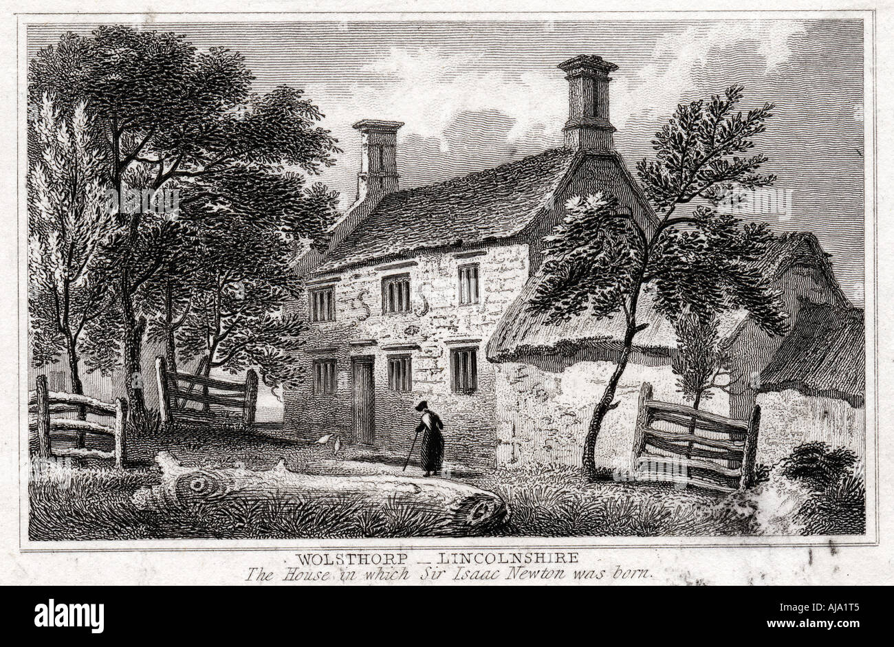 Woolsthorpe Manor, in der Nähe von Grantham, Lincolnshire, Geburtsort von Sir Isaac Newton, Anfang des 19. Jahrhunderts. Artist: Unbekannt Stockfoto