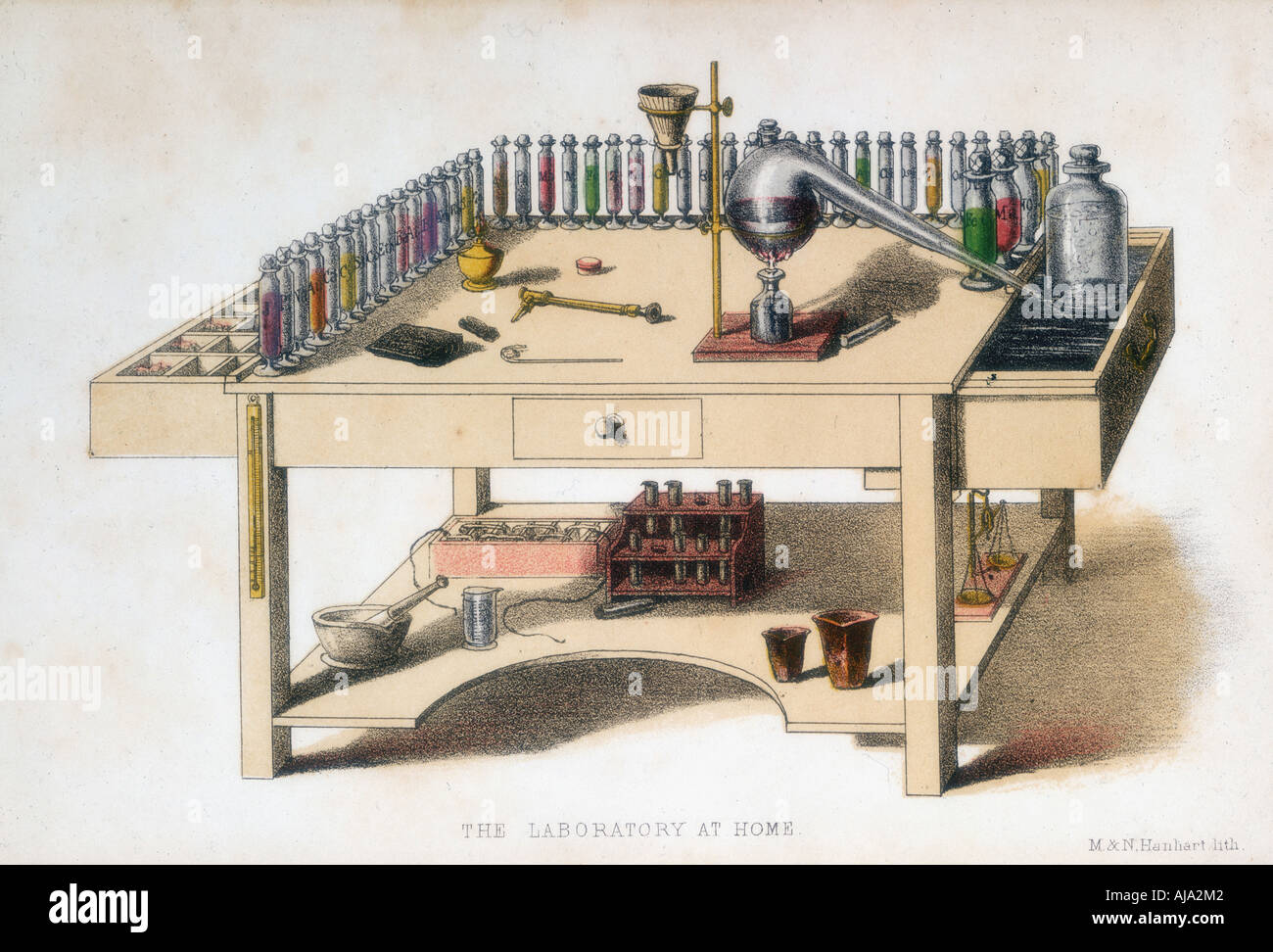 Der laienhaften Chemiker Labortisch, 1860. Artist: M&N Hanhart Stockfoto