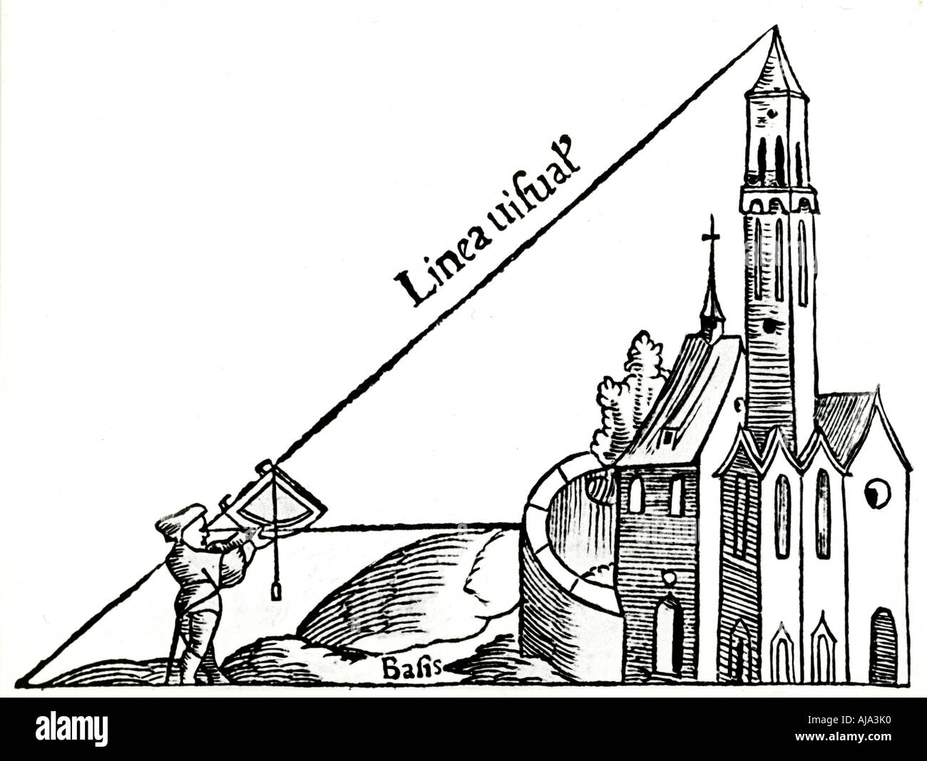 Mit einem Viertelkreis mit einem Lot die Höhe von einem Turm durch Triangulation, 1551 zu berechnen. Artist: Unbekannt Stockfoto