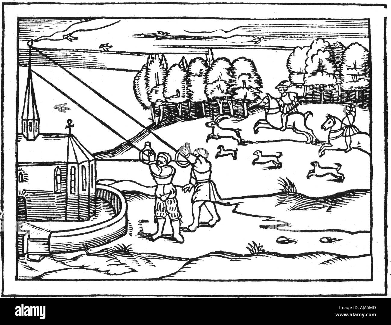 Mit astrolabien die Höhe von einem Kirchturm, 1539 zu berechnen. Artist: Petrus Apianus Stockfoto