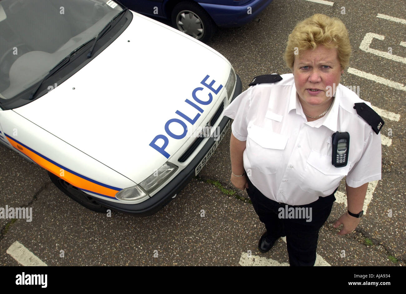 Polizist steht neben einem Streifenwagen Stockfoto
