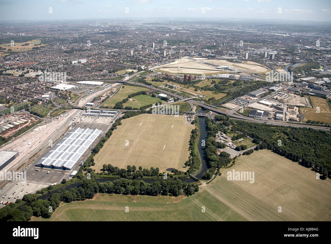 Luftbild südöstlich von Stratford Kanaltunnel Link Website Hackney Marsh London E15 E9 England UK hohe schräg Stockfoto