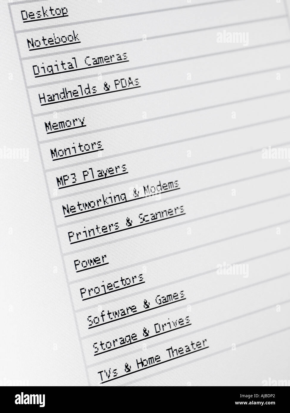 Liste der Computer-Teile auf einem Computer Monitor selektiven Fokus Stockfoto