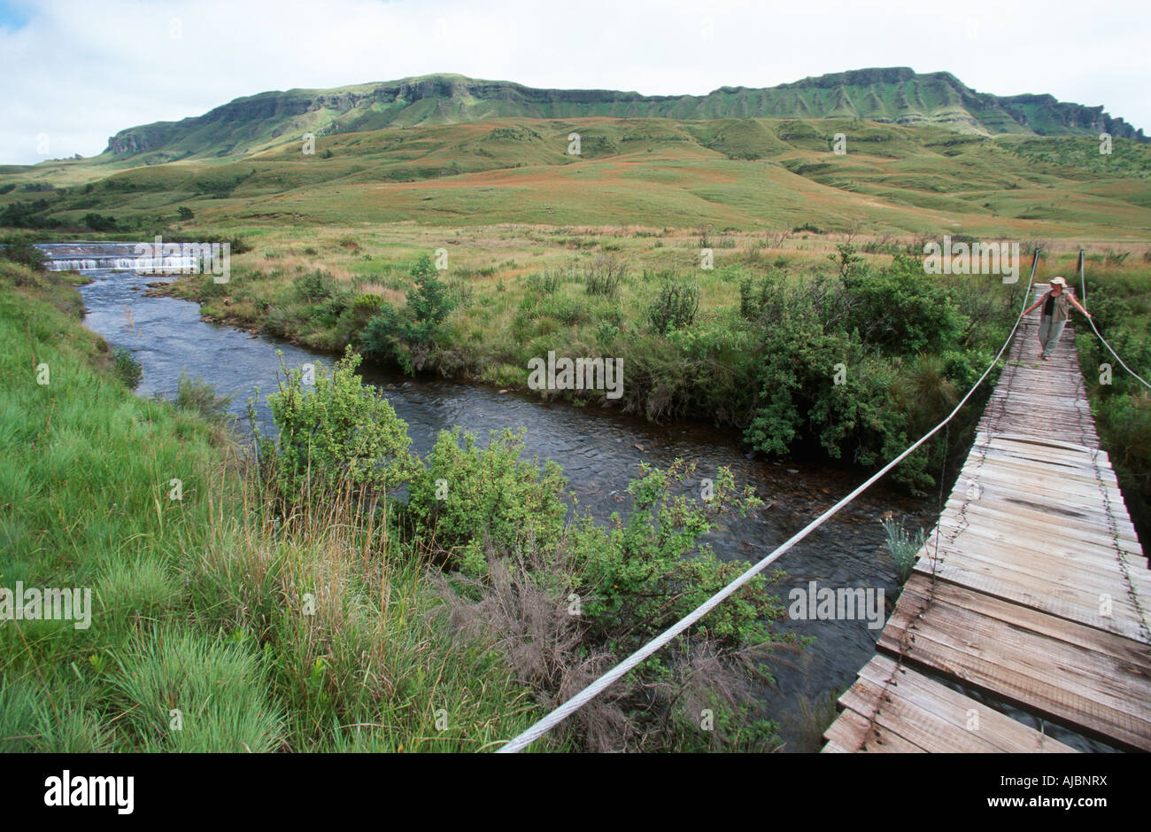 Frau auf eine hölzerne Hängebrücke Stockfoto